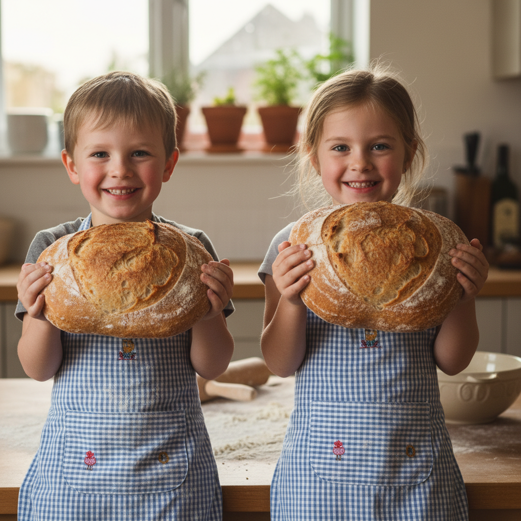 Two children in matching aprons proudly holding their homemade bread loaves