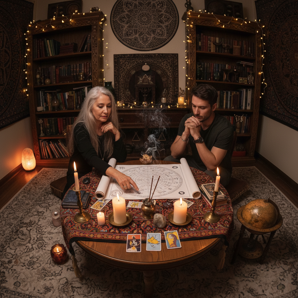 Astrologer studying handwritten horoscope chart with copper vessels and marigold flowers on wooden desk in warm candlelight