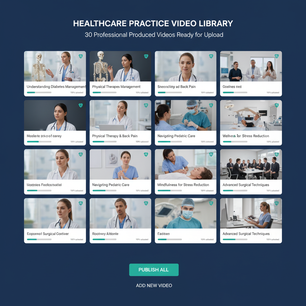 Healthcare practice video library showing 30 professionally produced long-form videos ready for upload