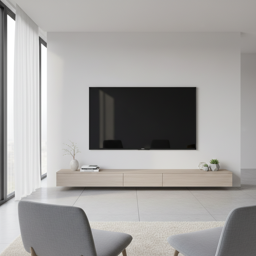 Large Samsung flat screen TV mounted on white wall in modern living room