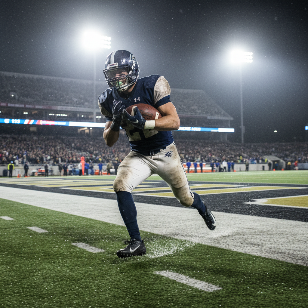 American football player in action running with the ball on a stadium field
