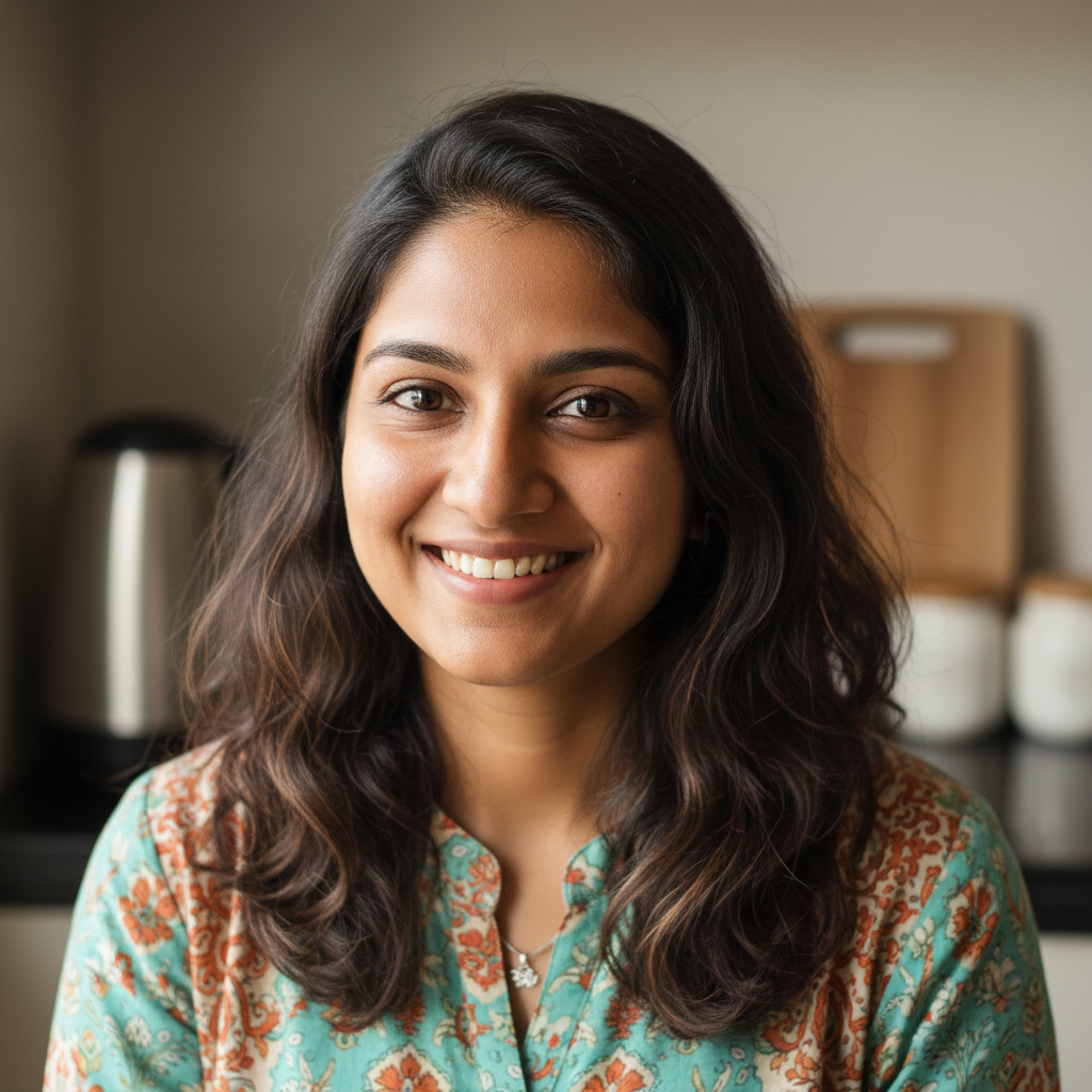 South Indian woman with long dark hair smiling in bright sunlit interior space