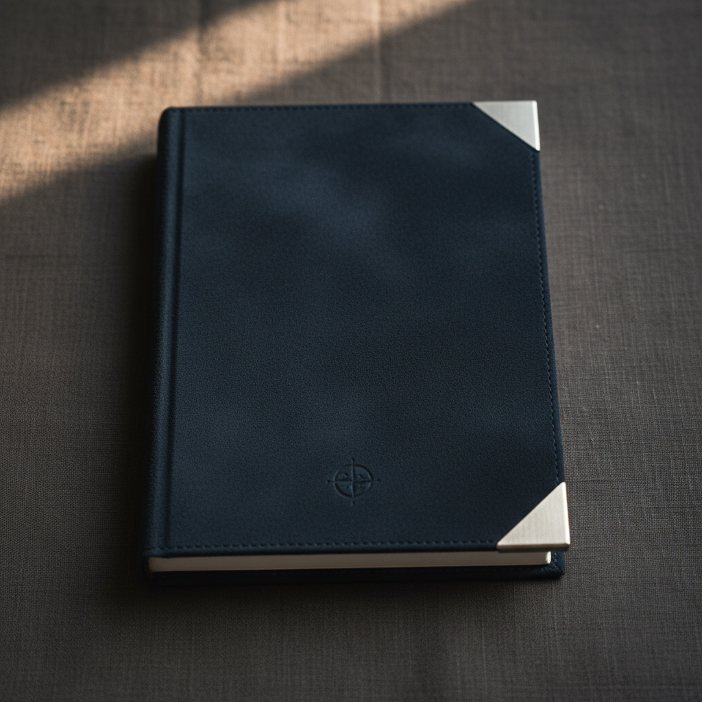 Premium leather journal with gold embossing on dark charcoal surface