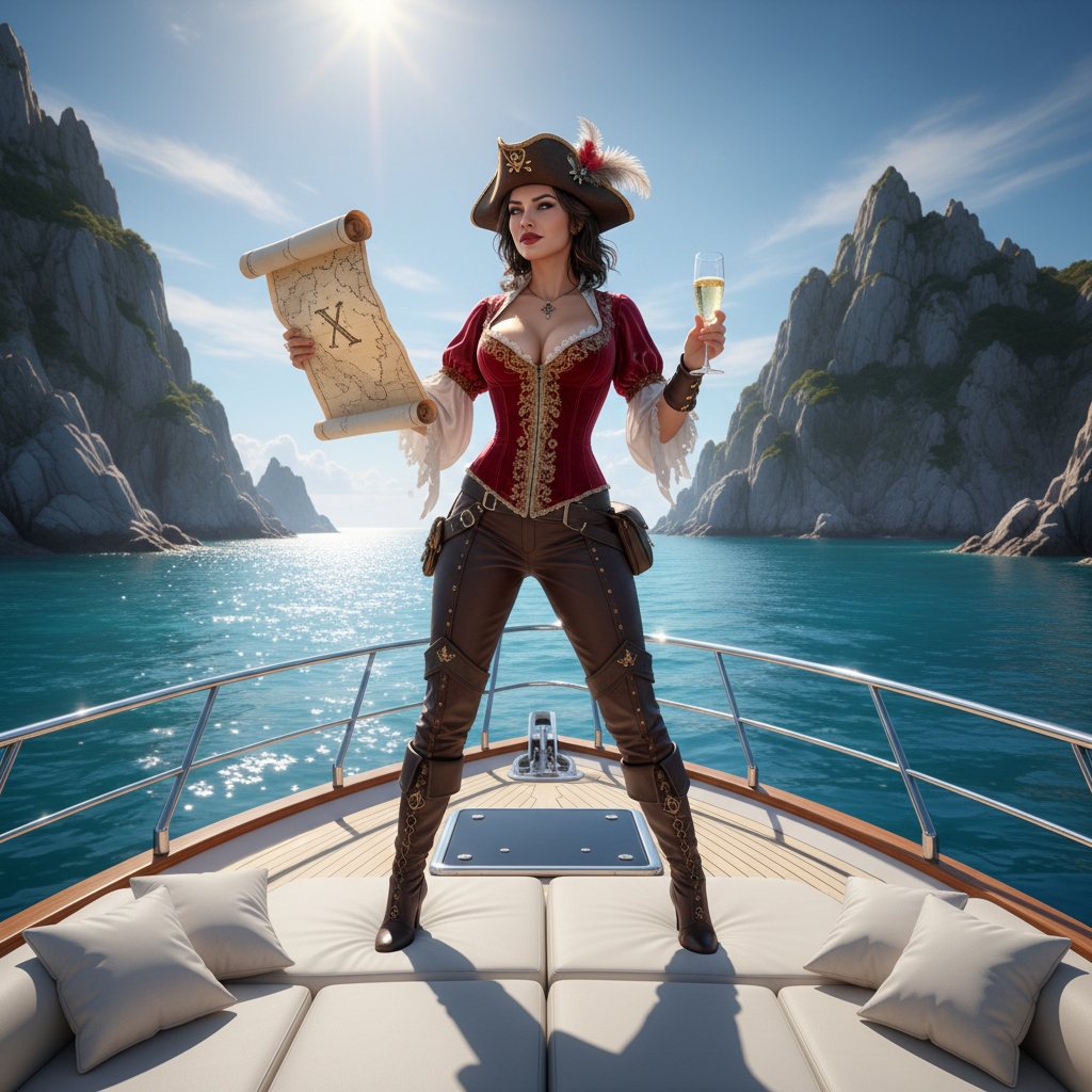 Seductive privateer lady in revealing pirate outfit commanding luxury yacht with champagne and treasure maps, exclusive party atmosphere on forbidden route waters