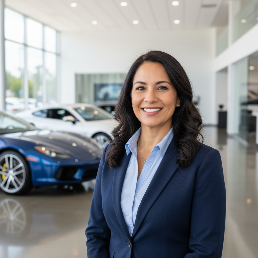 Hispanic woman with professional demeanor in a car dealership environment