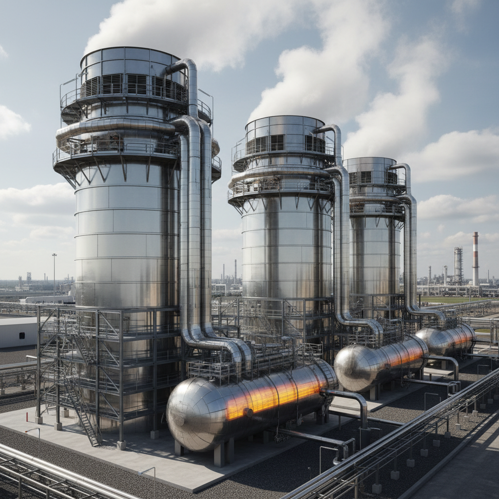 Industrial water treatment facility with large circular tanks, grey overcast sky, dark concrete and metal structures, moody industrial atmosphere