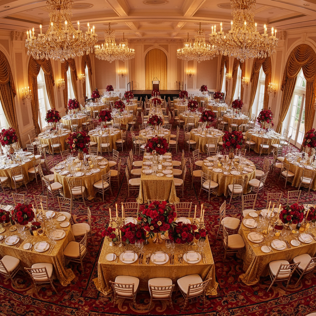 Aerial view of an elegantly set ballroom with golden tablecloths and red floral arrangements