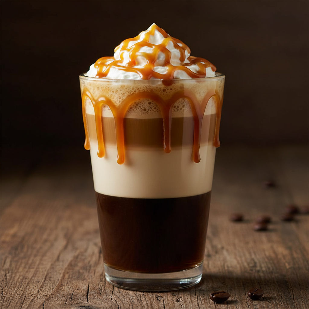 Layered caramel macchiato in clear glass showing distinct milk, espresso, and caramel layers, warm golden light