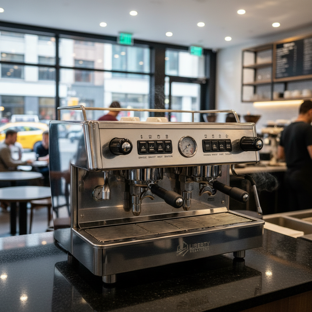 Commercial espresso machine with steam wand in a NYC café setting