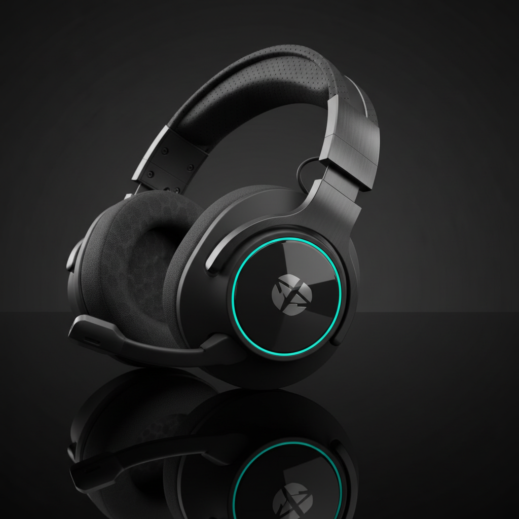 Black gaming headset with RGB lighting on dark background