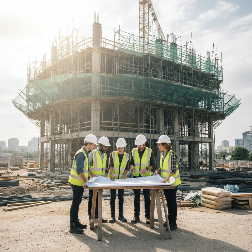 Construction contractor in hard hat reviewing blueprints at residential building site with tools