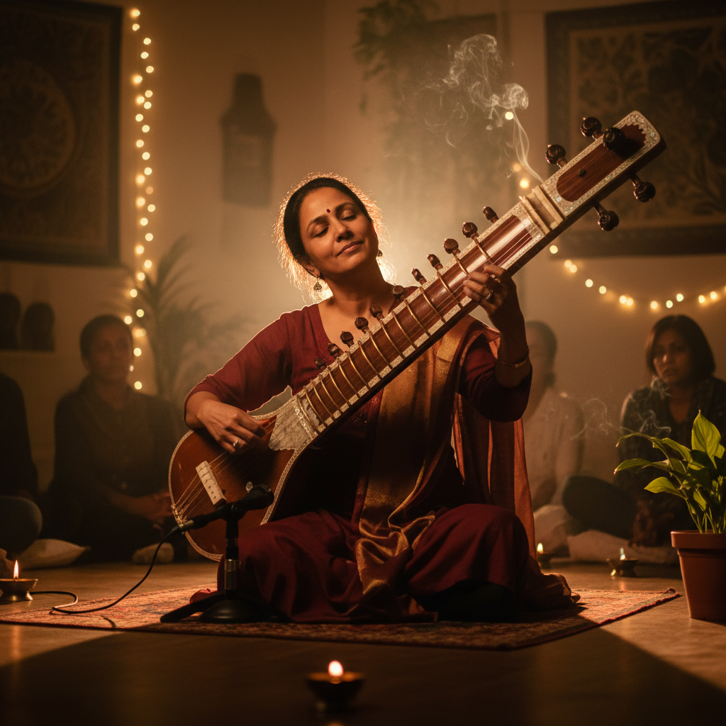 Classical Indian sitar player performing in a dimly lit intimate concert setting