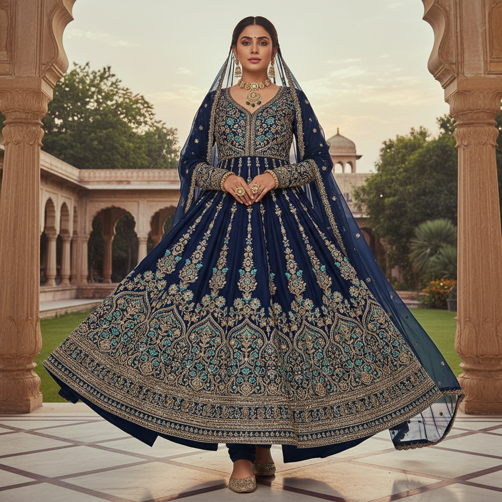 Royal blue anarkali kurta with intricate embroidery and flowing silhouette