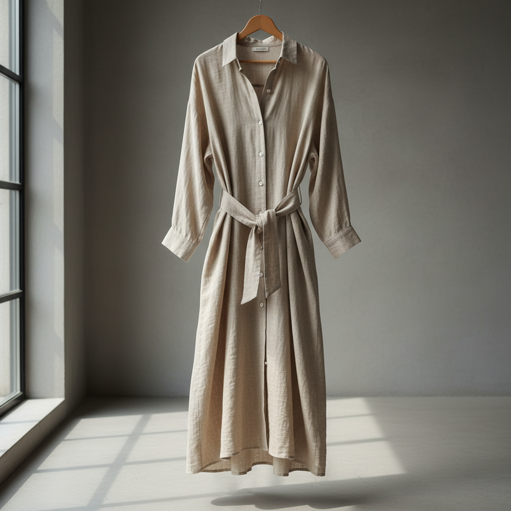 Light linen shirt dress hanging in natural light showing relaxed fit