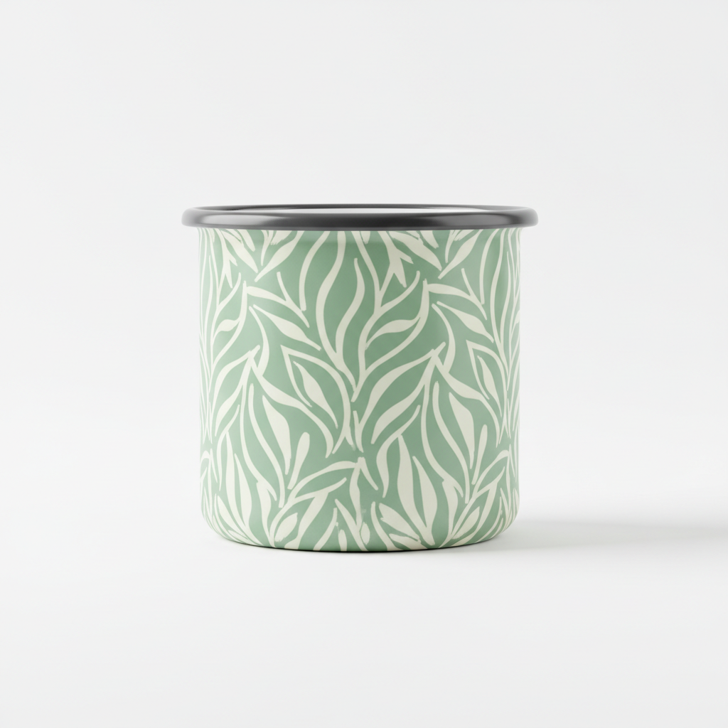 Custom printed 16oz camp mug with abstract botanical leaf pattern in sage green and cream white