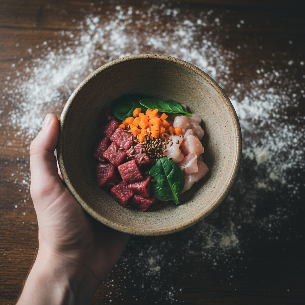 Hand holding a stoneware bowl of precisely portioned raw pet food, shot from above on a flour-dusted wooden surface