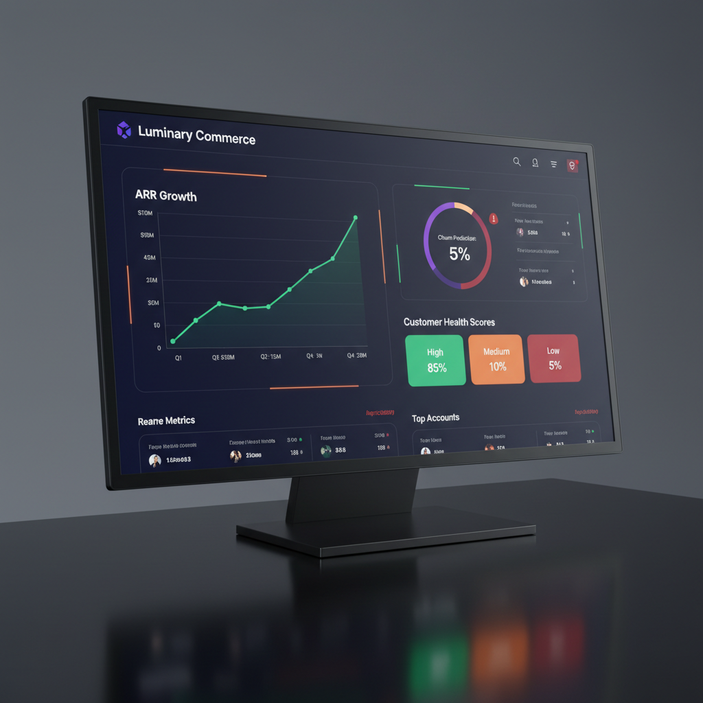 Luminary Commerce revenue intelligence dashboard with ARR growth charts, churn prediction alerts, and customer health scores