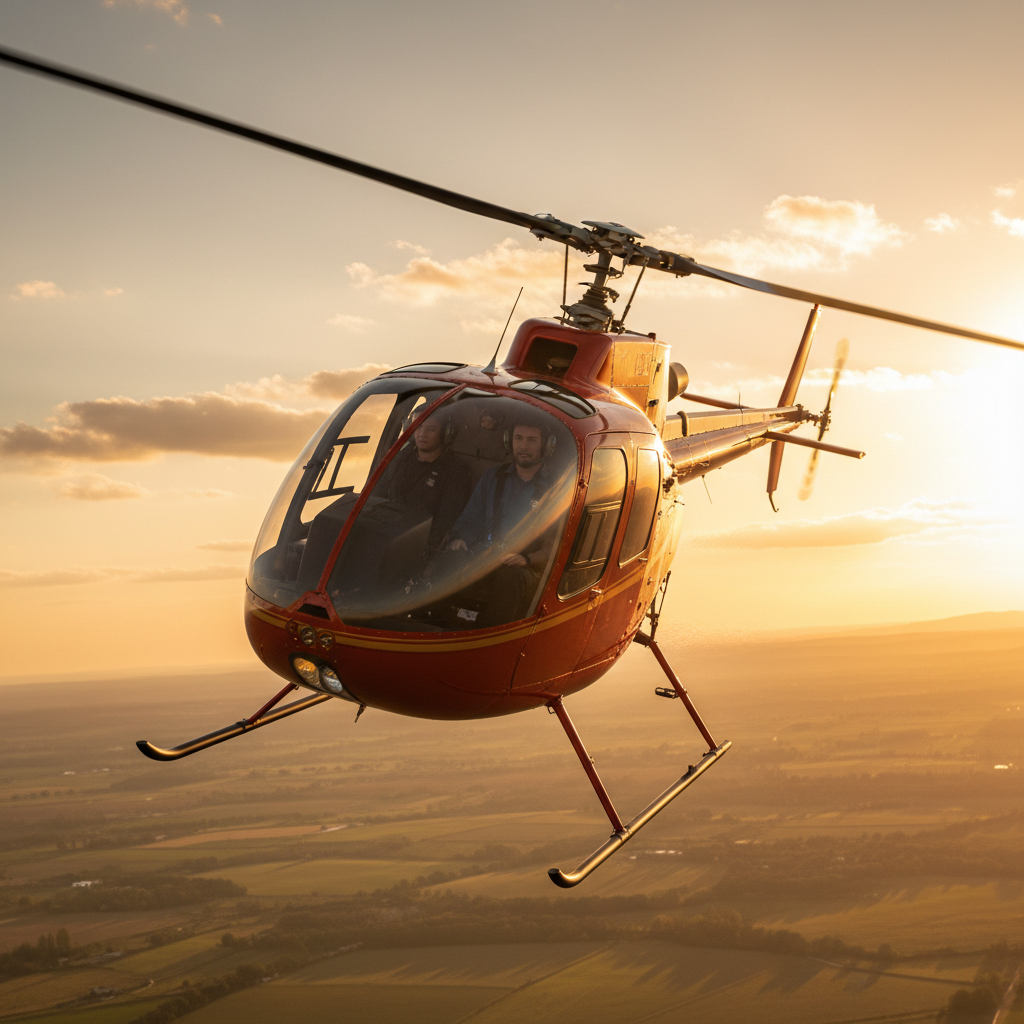 Helicopter in flight at golden hour, skids light, horizon tilted, student pilot visible through bubble canopy