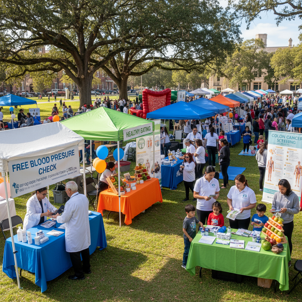 Community health fair with booths, medical professionals and attendees in bright space
