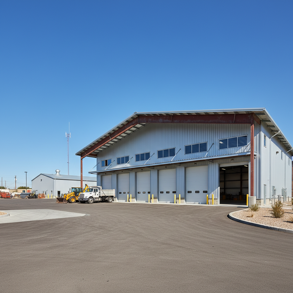 Municipal public works facility with large metal post-frame structure and overhead doors