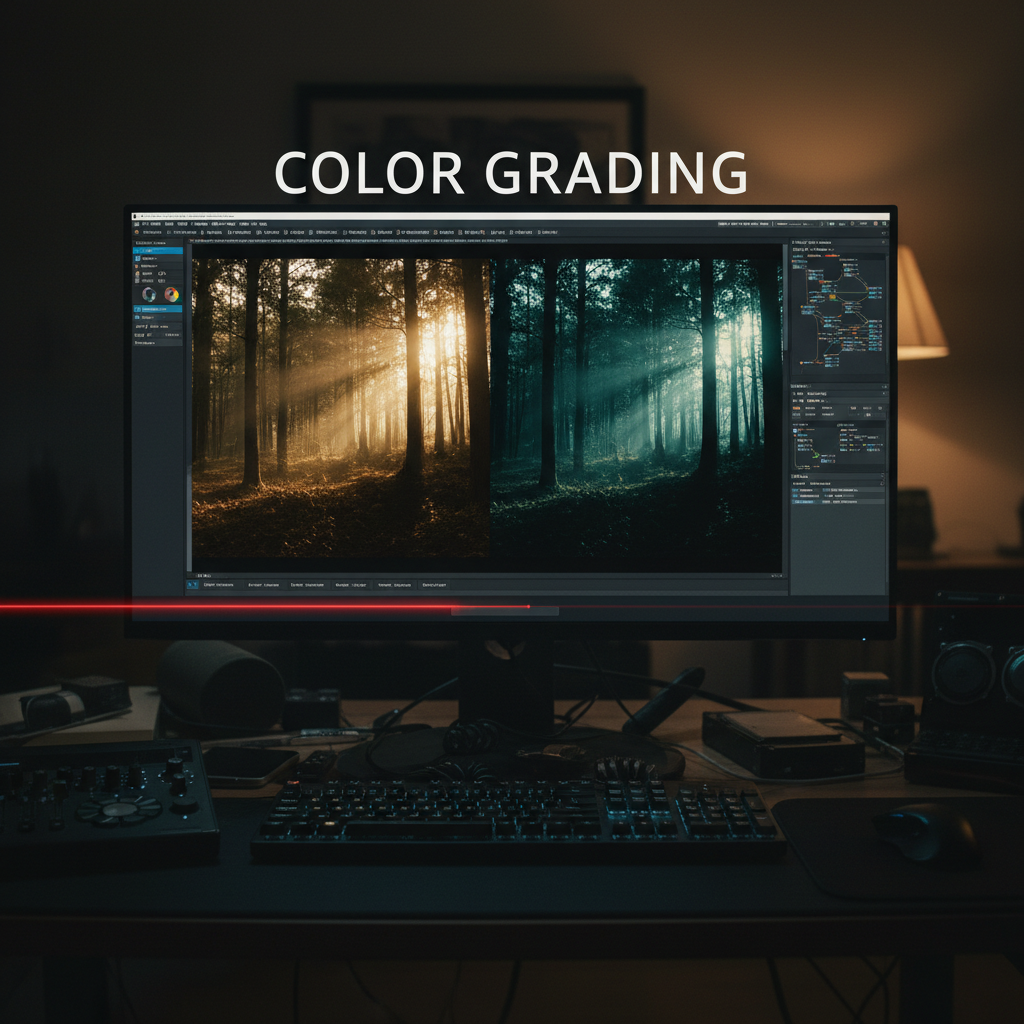 Color grading software on dark monitor, atmospheric studio, deep shadows, dim screen glow, cinematic low-key post-production lighting