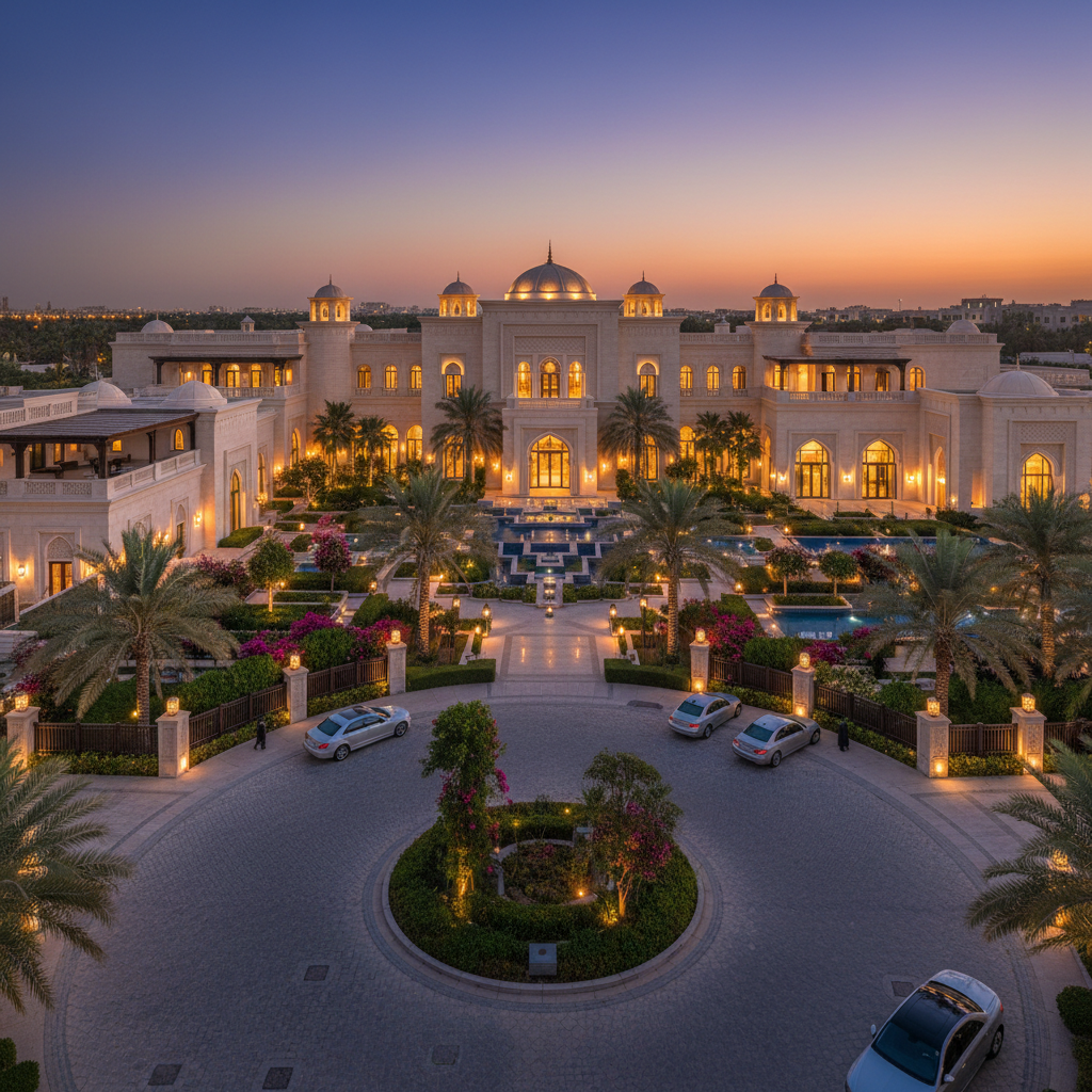 Elegant villa exterior at twilight, manicured garden, warm interior lighting, dark surrounding landscape