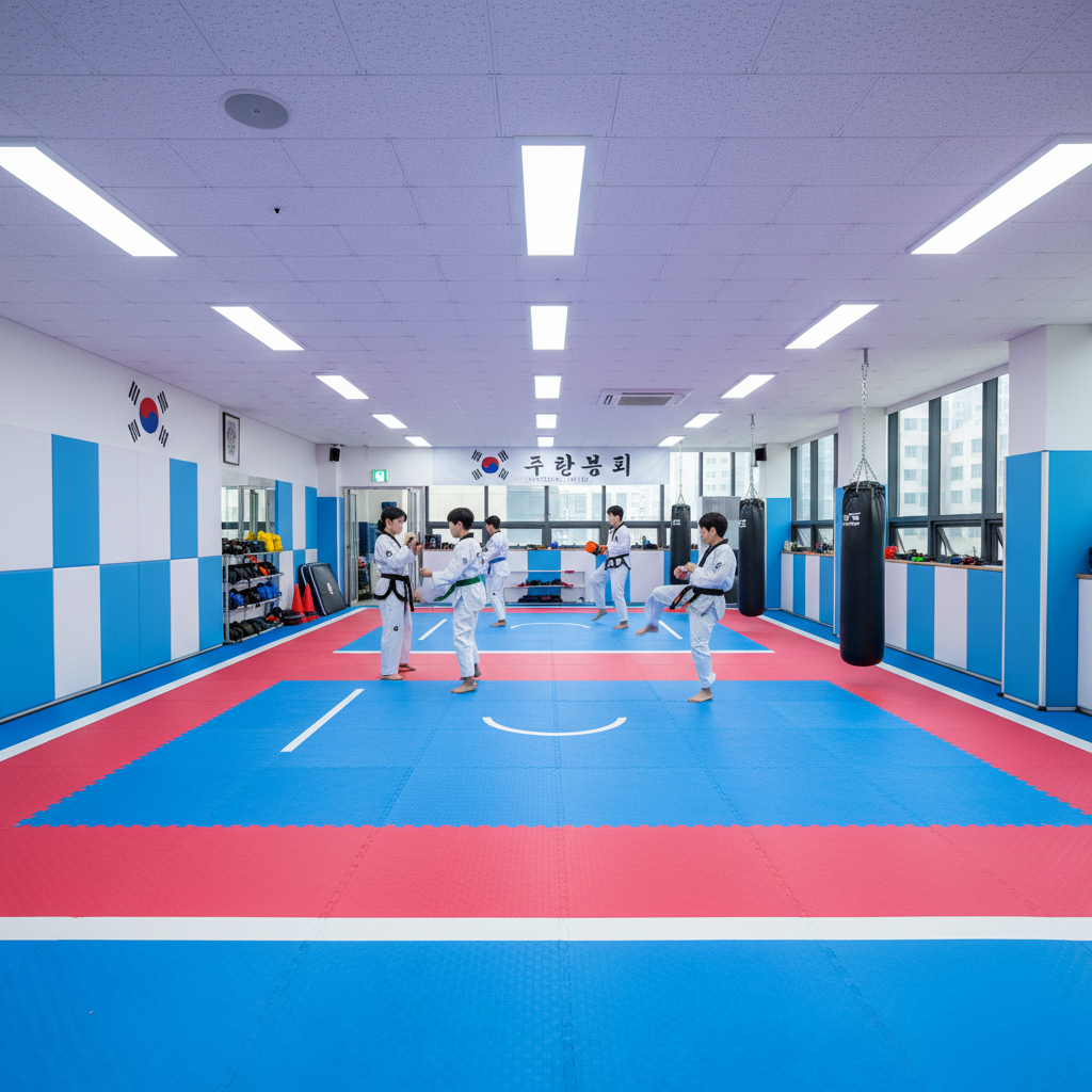 Taekwondo instructor in black uniform demonstrating kick technique in brightly lit dojang with students observing
