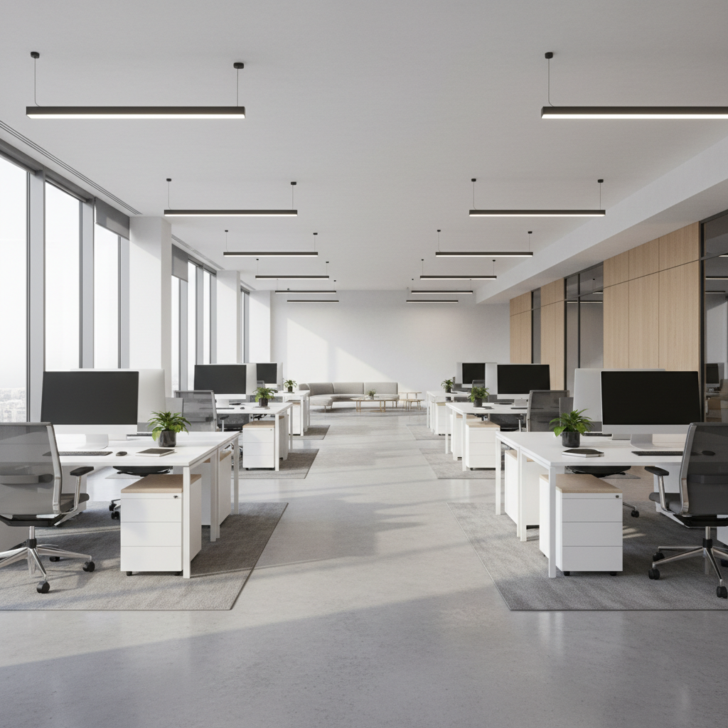 Clean modern open-plan office with tidy desks and polished floors