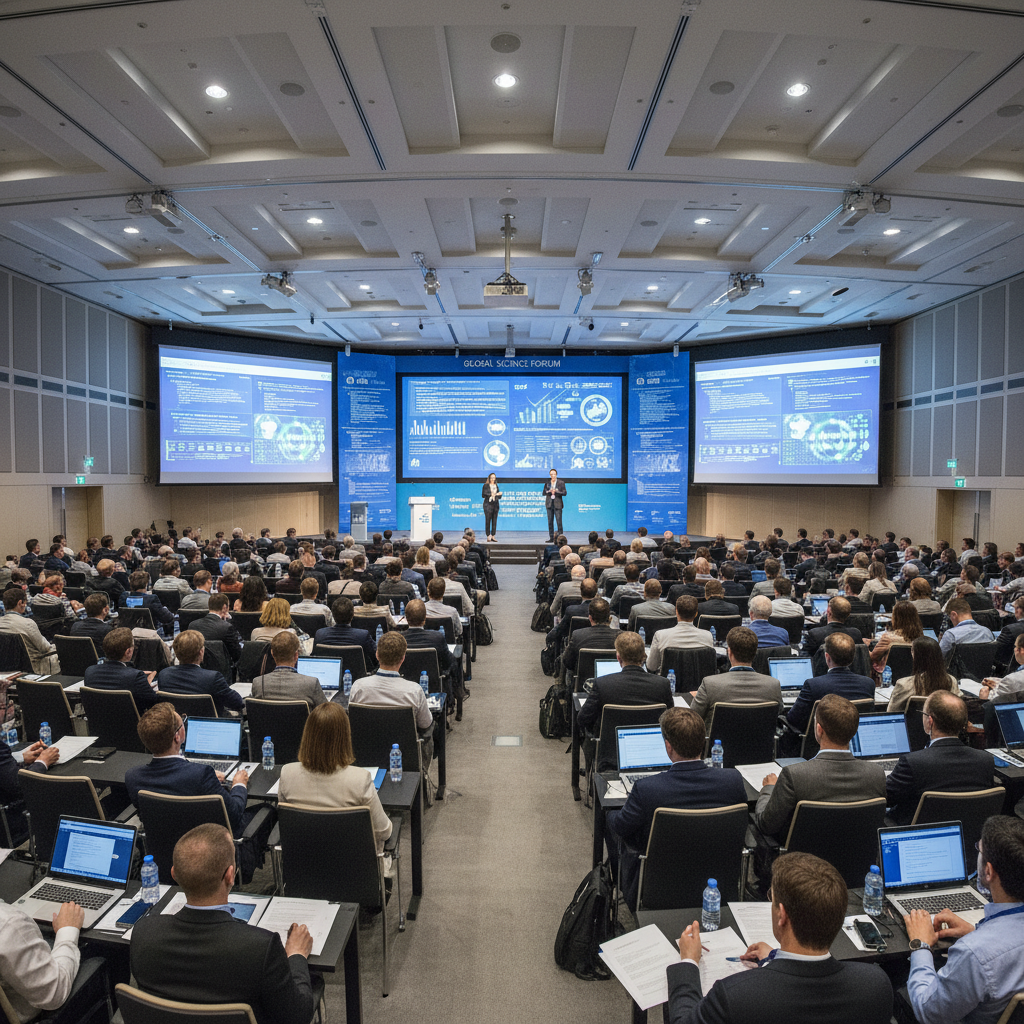 Dr. Cyril presenting on large conference stage with medical graphics on screen to audience of healthcare professionals