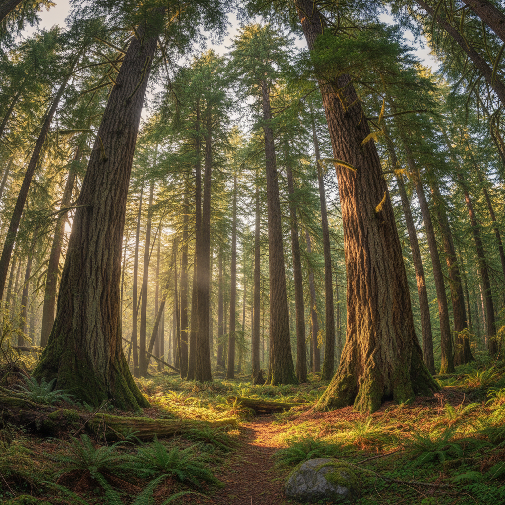 Pacific Northwest old-growth forest with filtered morning light through tall Douglas fir trees