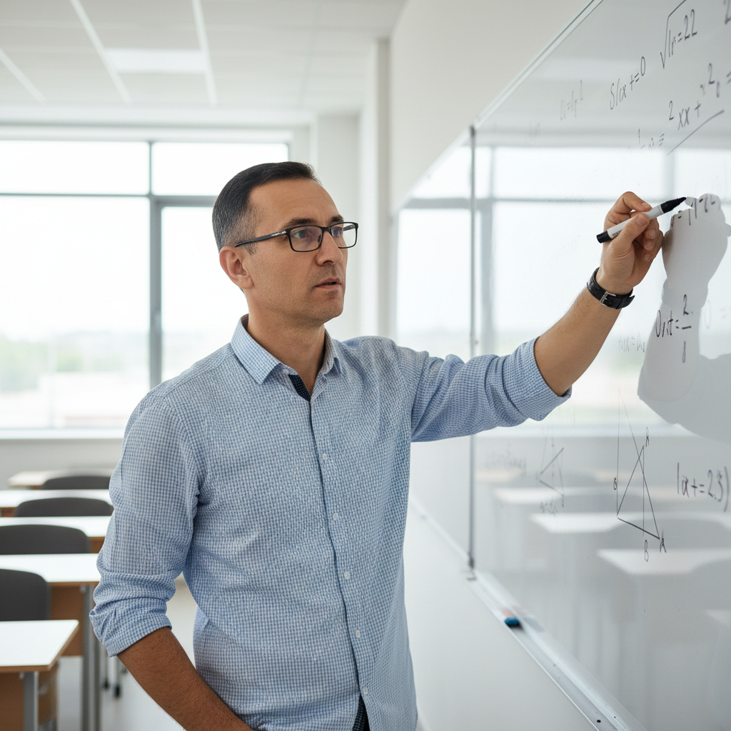 Indian male math teacher in glasses writing calculus formula on whiteboard in well-lit classroom