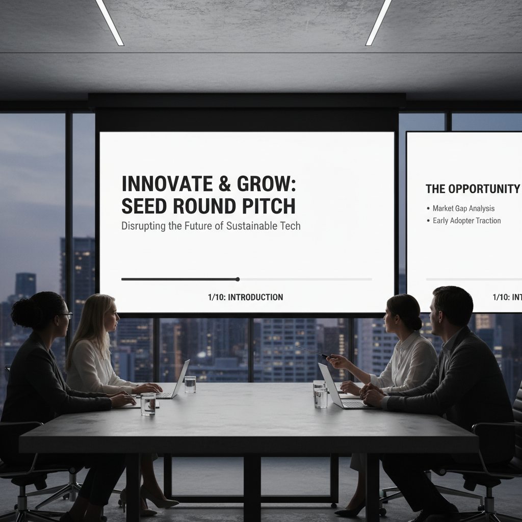 Professional startup pitch deck presentation on dark background with data visualizations and bold typography