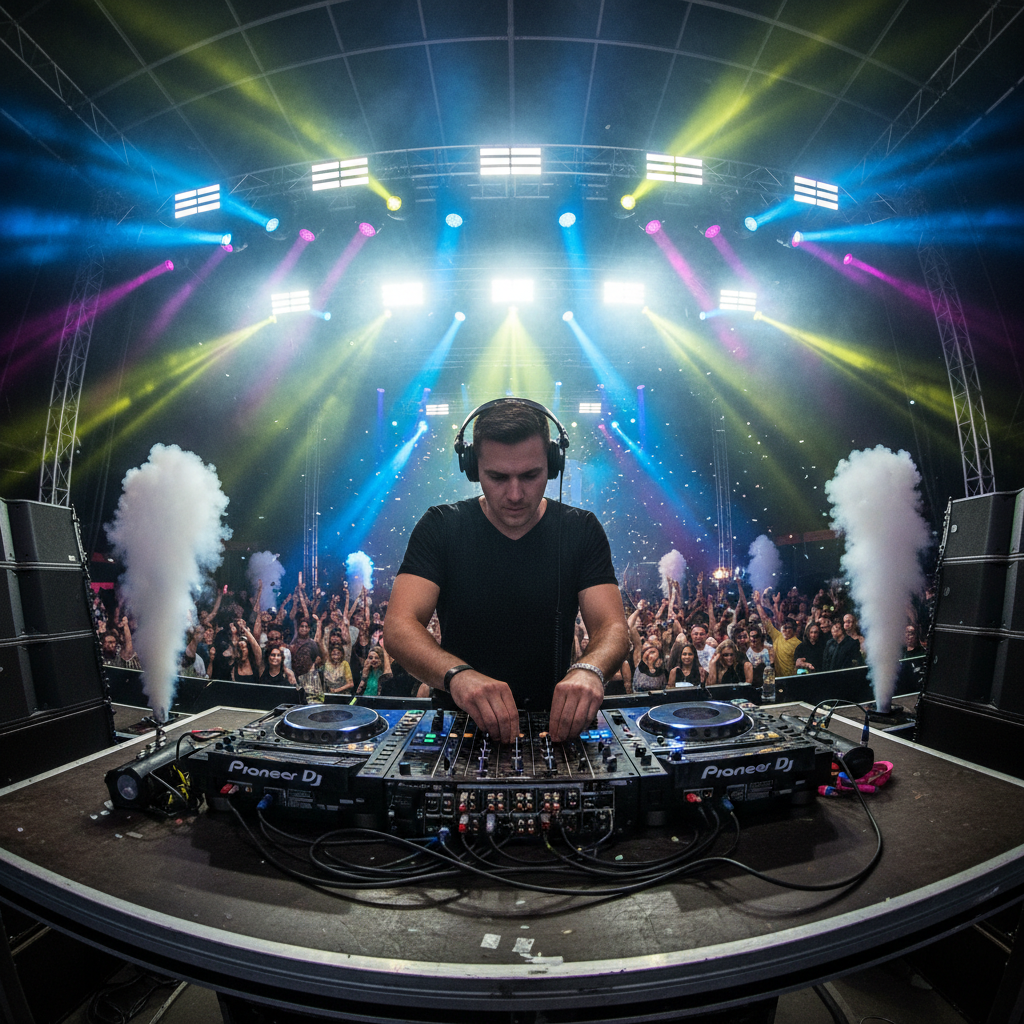 DJ Reinier Zonneveld performing energetically at a rave event