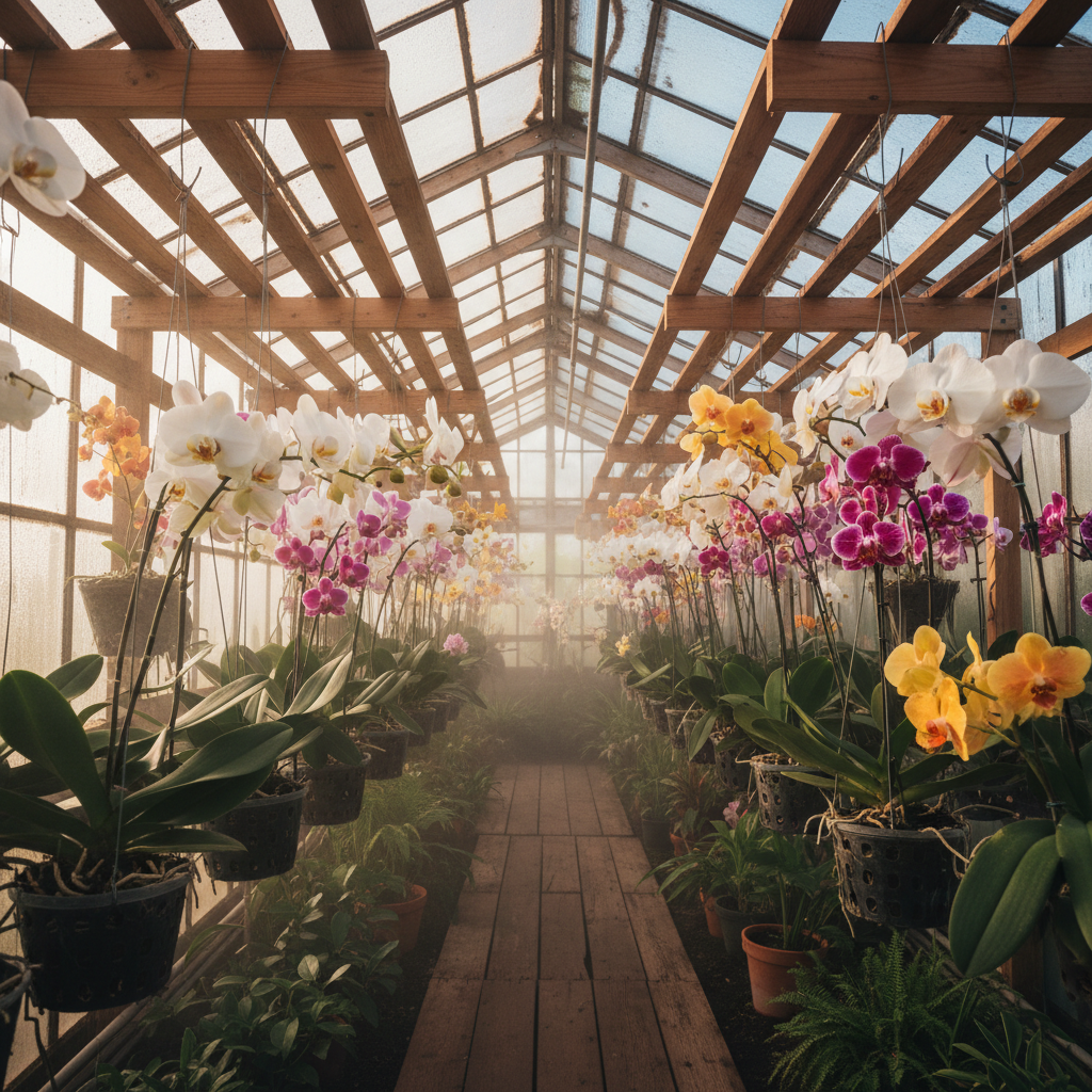 Rows of orchids hanging from cedar slats in a glass-walled greenhouse, humid mist drifting between the plants