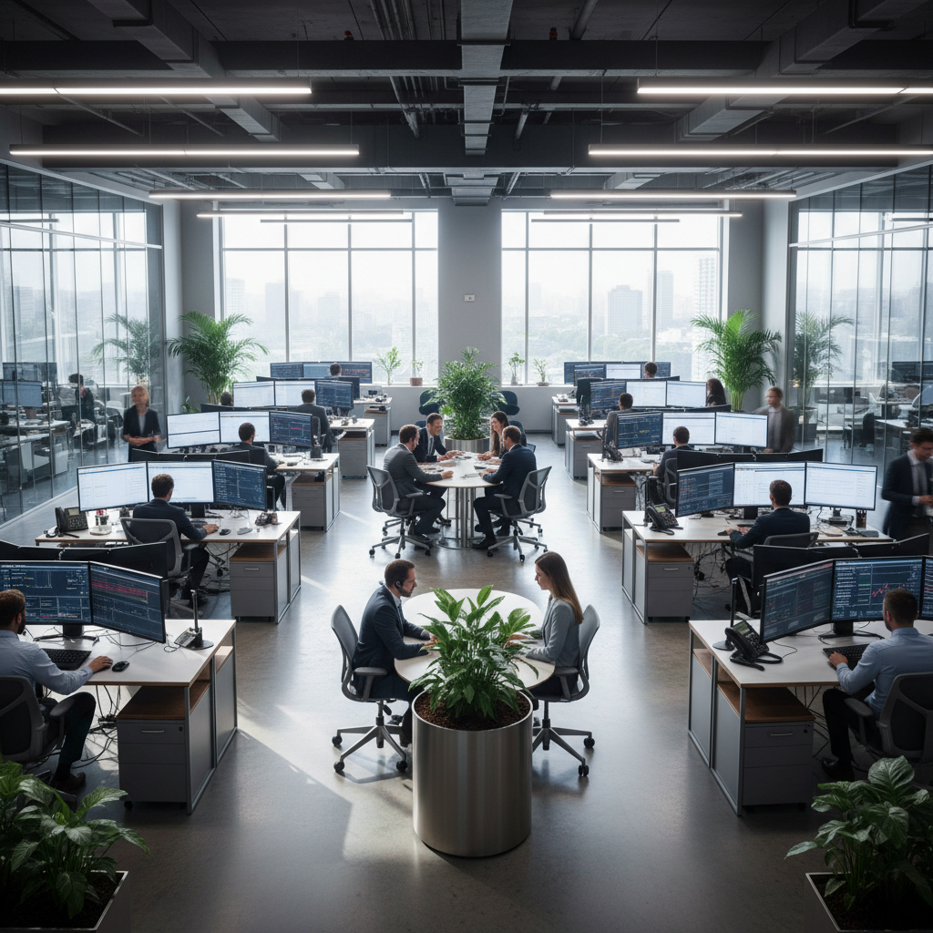 Enterprise brokerage office with agents working at modern workstations