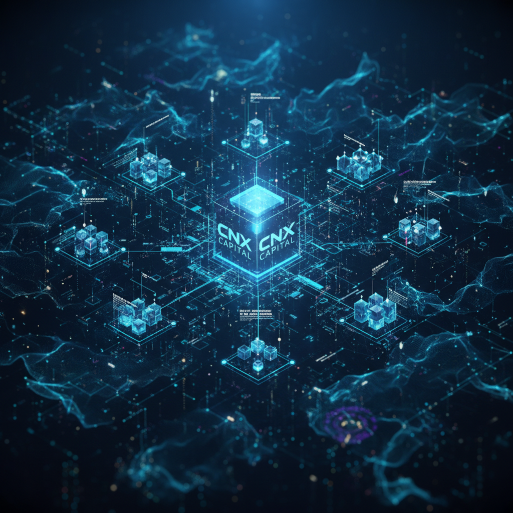 Digital financial infrastructure network visualization representing CNX Capital systems