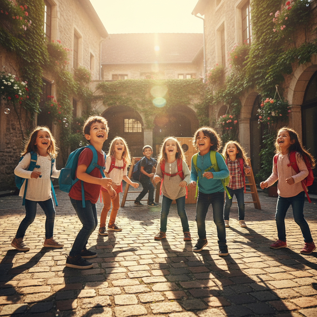 Children playing and laughing together in a courtyard, joyful and energetic