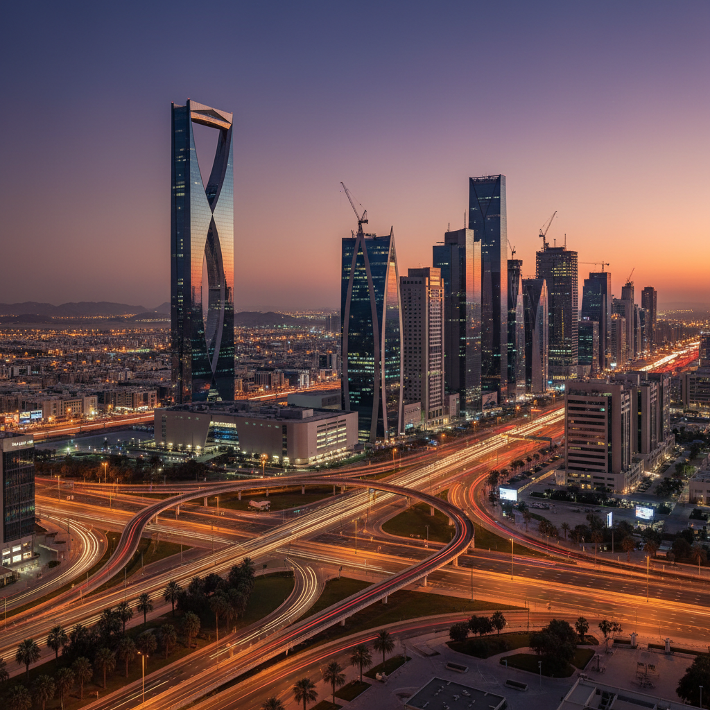 Riyadh skyline at dusk with illuminated modern skyscrapers and Kingdom Centre tower