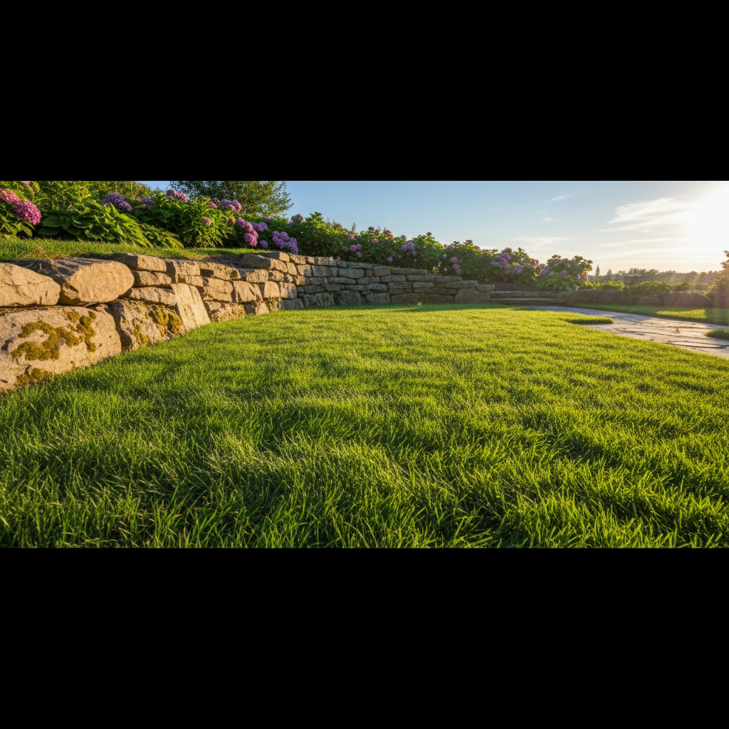 Freshly installed vibrant green lawn with clean edges next to garden beds