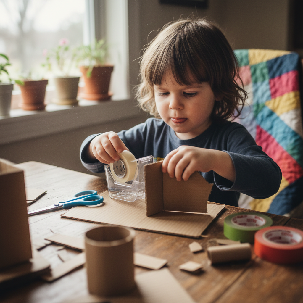 Child building a cardboard construction with tape and scissors on a table
