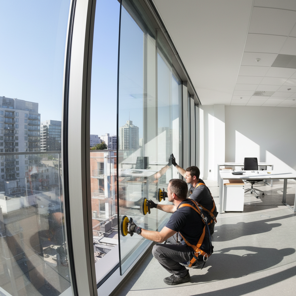 FrancoGlazing team installing a large glass panel on a residential project, professional workmanship