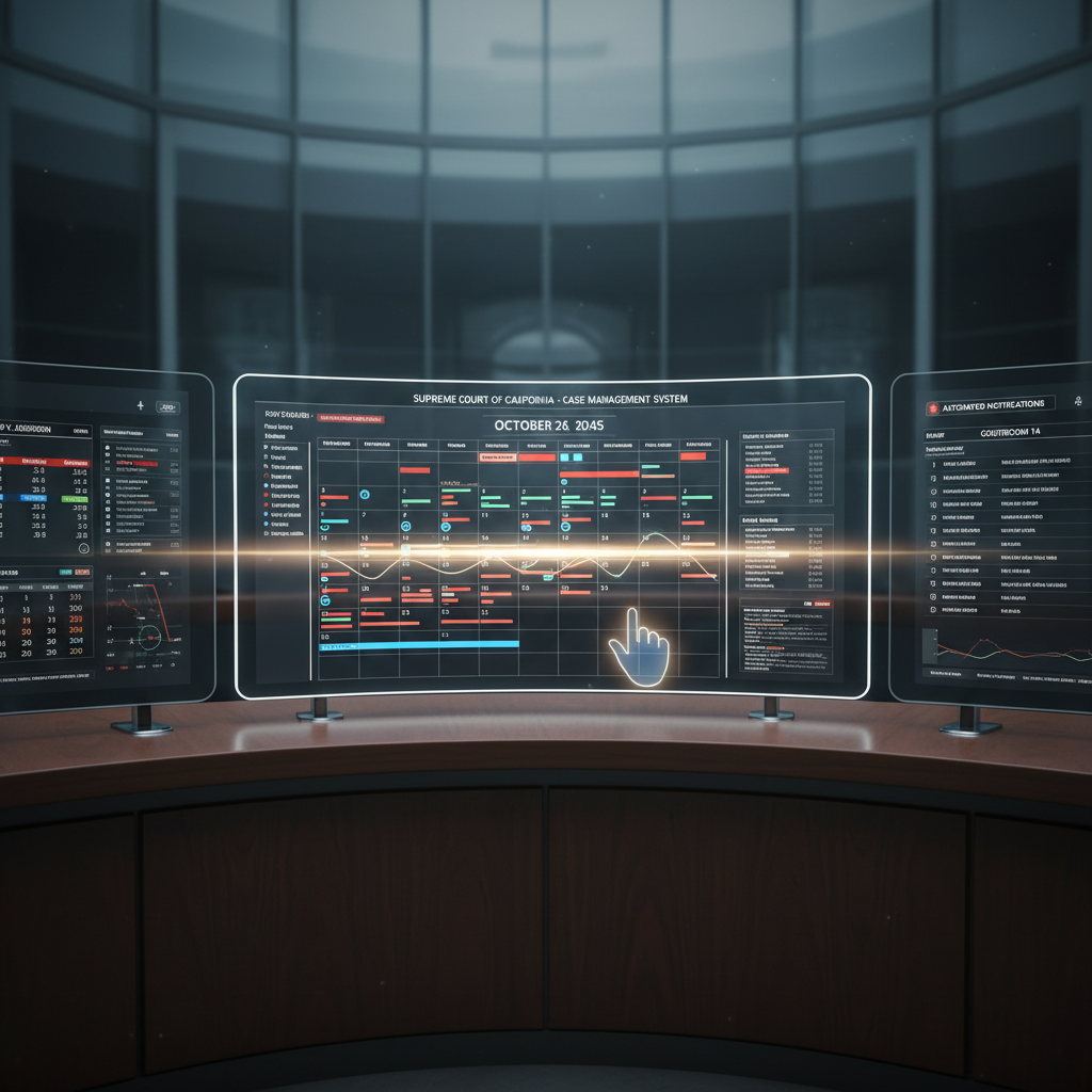 Court calendar with automated deadline markers and schedule expanding across screens