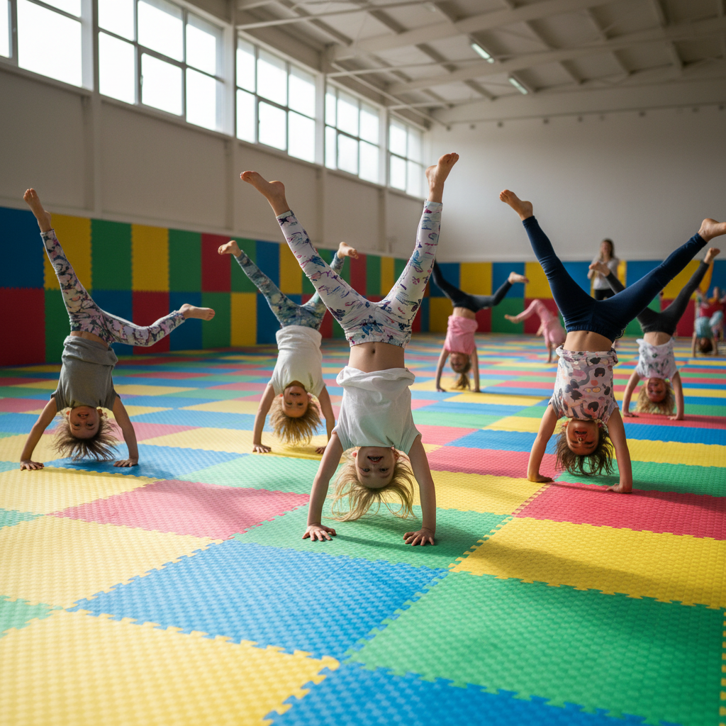 Group of young children practicing cartwheels in a bright gymnastics gymnasium