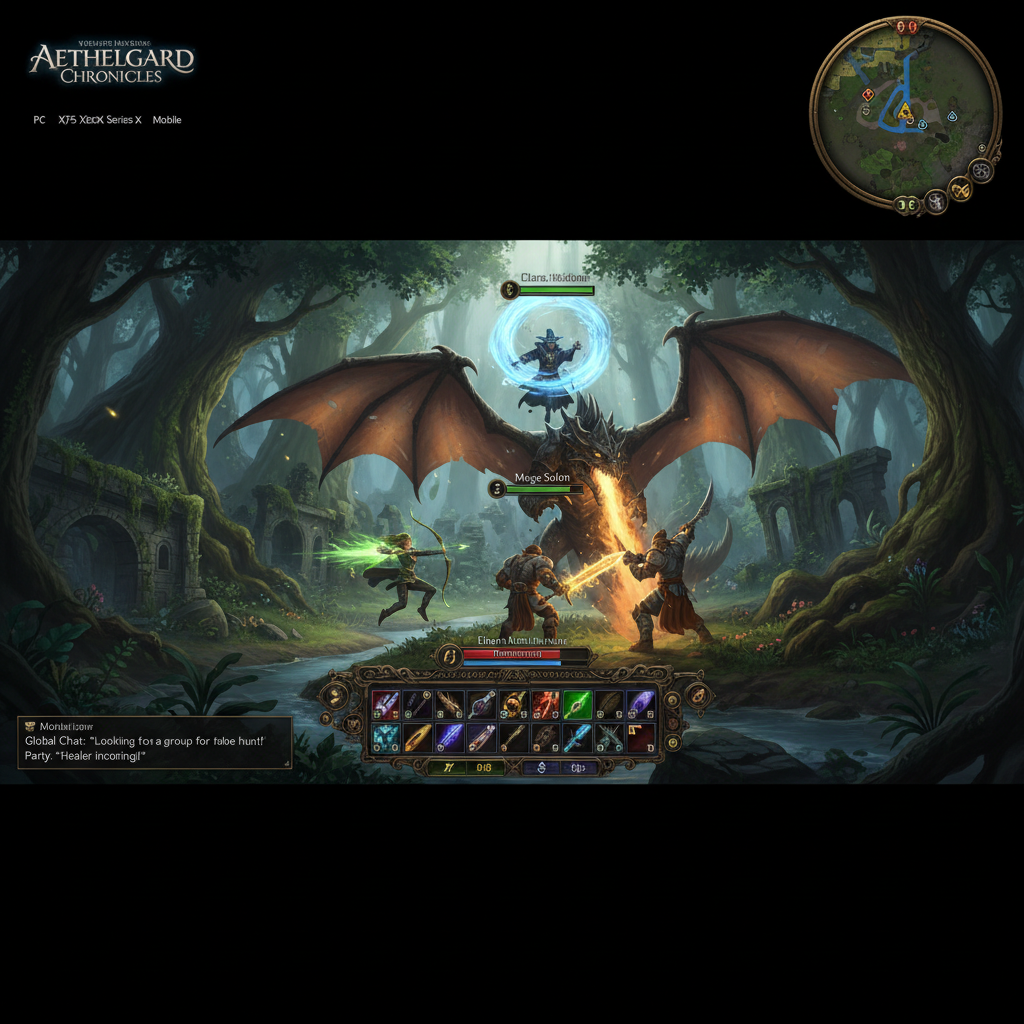 Fantasy RPG game with dragon and medieval castle in epic battle scene