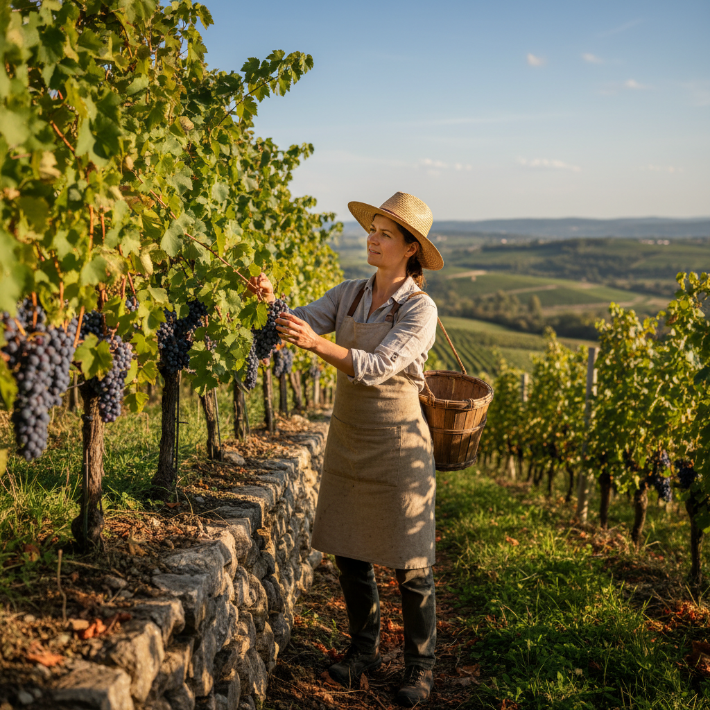 Austrian woman vintner standing in terraced vineyard with stone walls