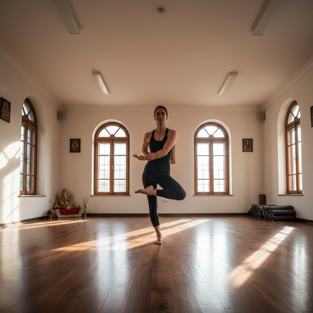 Yoga pants in dark color displayed in a clean minimal studio setting