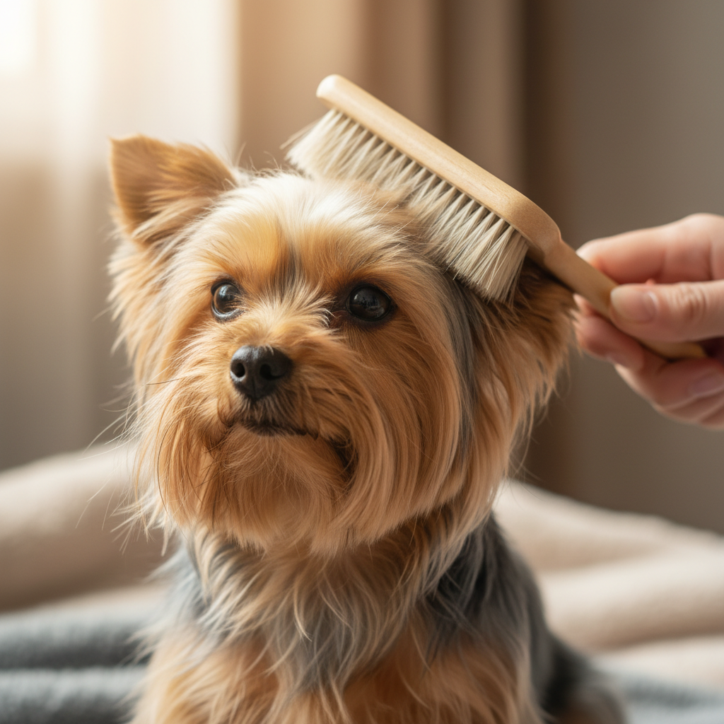 Yorkshire Terrier being gently brushed with a soft grooming brush, silky coat gleaming