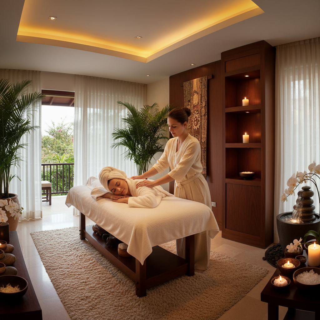 Relaxing full body massage in spa with soft lighting