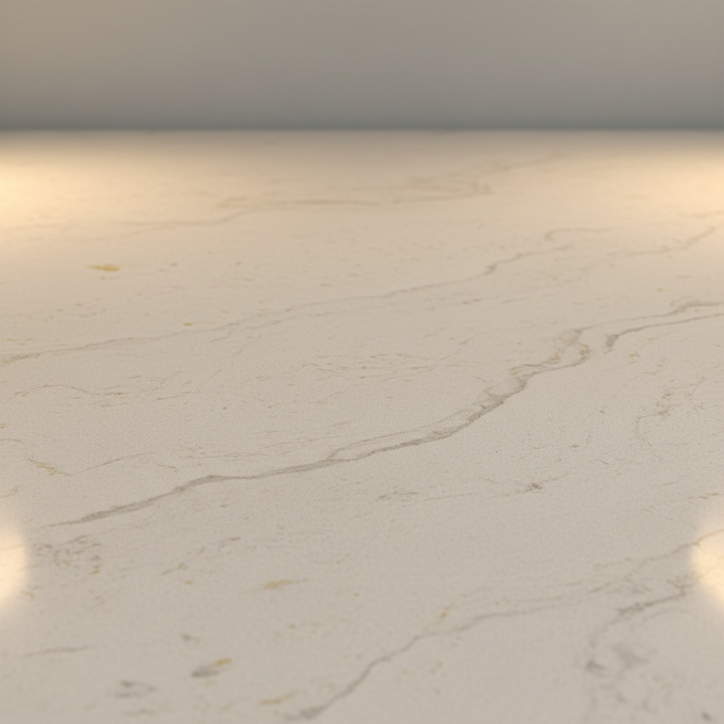 Matte quartz countertop surface with soft grain texture under warm light