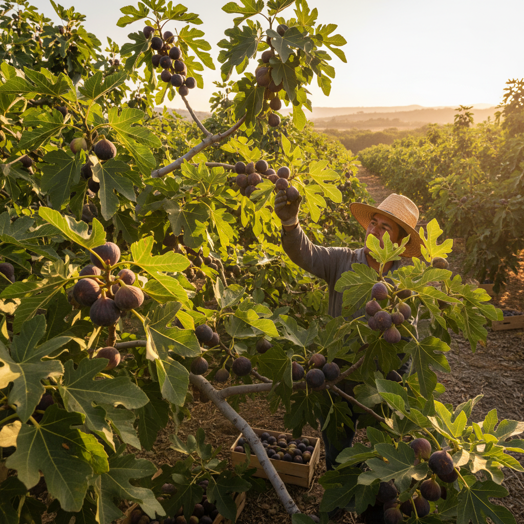 Peak harvest scene with ripe Black Mission figs hanging heavy on branches, warm afternoon light, picker reaching for a perfectly ripe fruit